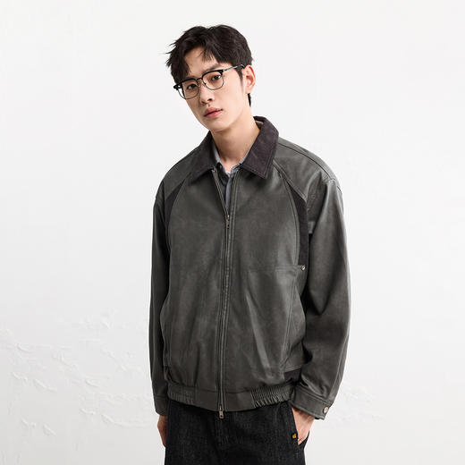 GXG男装25秋季时尚撞色领口简约百搭日常通勤男式翻领PU夹克K&C 商品图4