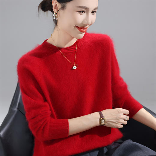 丁摩 秋冬新款100%纯羊毛衫女式圆领拉绒毛衣软糯亲肤感长袖套头内搭5ZF-8933 商品图1