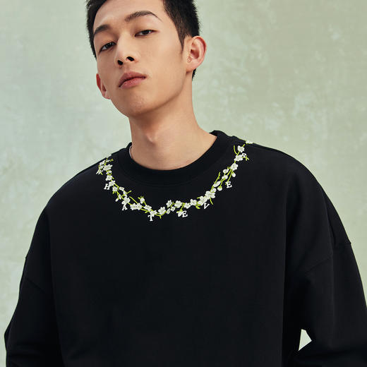 NPC潮牌花卉藤蔓字母刺绣圆领卫衣高克重宽松休闲男潮流NP41ST24 商品图2