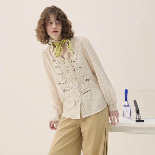 谜底V领衬衫长袖2026春季新品通勤风钉珠绣花H型衬衣女265MC5021 商品图1