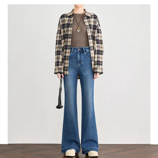 「自」全新升级【铂金会员192/天猫259/差价67】(14856)洛诗琳气质四面弹微喇裤2025秋冬高腰百搭显瘦直筒牛仔裤女 商品图1