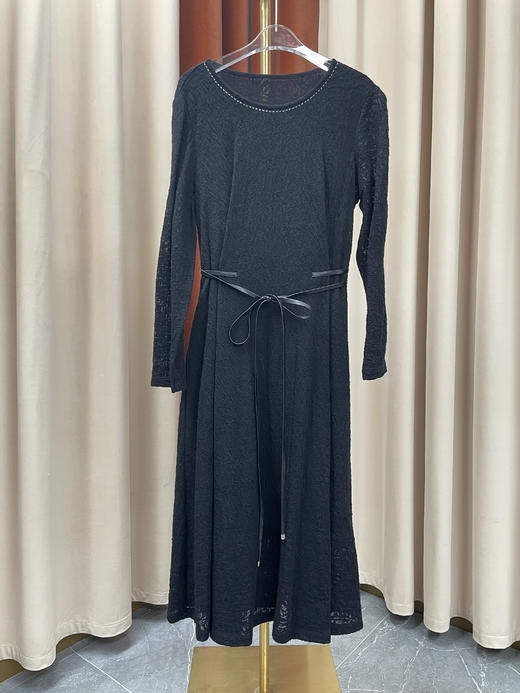 「断码清仓」黑色拼接长袖收腰系带镂空针织裙 L码 ZFYY195 商品图0