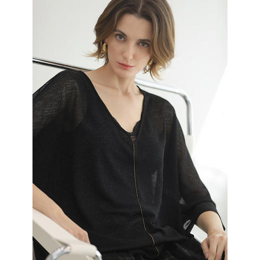 COCOBELLA呼吸感穿搭休闲T恤亮丝黑色针织衫女遮阳罩衫TS3196-2 商品图0