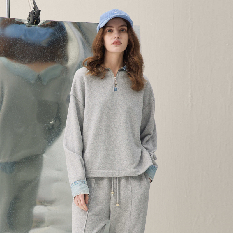 谜底翻领卫衣长袖2026春季新品撞色拼接牛仔休闲时尚女261MV0223