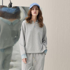 谜底翻领卫衣长袖2026春季新品撞色拼接牛仔休闲时尚女261MV0223