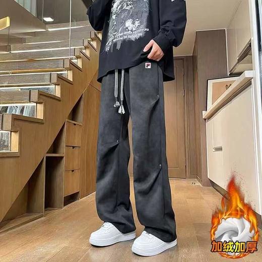 D121570秋冬新款暗纹扎染直筒脏脏裤加绒加厚情侣款卫裤 商品图0