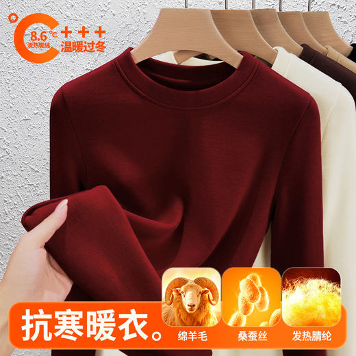 丁摩 羊毛蚕丝圆领打底衫女秋冬加绒加厚发热绒修身显瘦T恤保暖上衣女5ZF-388 商品图2