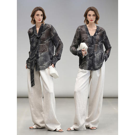 COCOBELLA大理石纹印花飘带长袖衬衫女早秋仿真丝通勤衬衣SR0056 商品图0