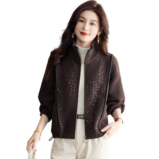 丁摩立领针织毛呢外套女短款秋冬装亮片设计外搭拉链开衫 ALW12-2186 商品图4