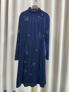 「断码清仓」宝蓝高领刺绣金丝绒气质裙  2XL码 ZFYY202