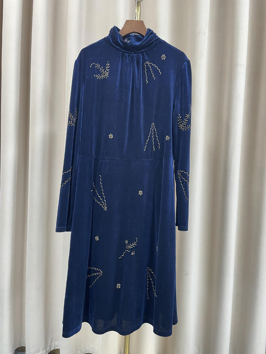「断码清仓」宝蓝高领刺绣金丝绒气质裙  2XL码 ZFYY202 商品图0