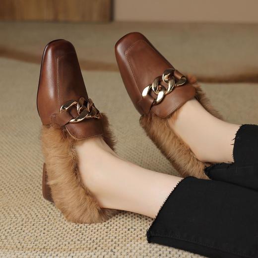 【预售5天】复古加绒乐福鞋方头低跟黑色兔毛鞋英伦风棕色毛毛女单鞋A5147 商品图2