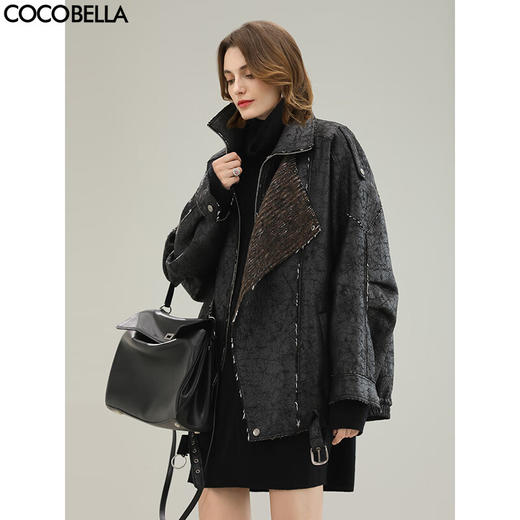 COCOBELLA高级休闲风爆裂纹PU皮衣外套冬保暖机车夹克PU3006 商品图0