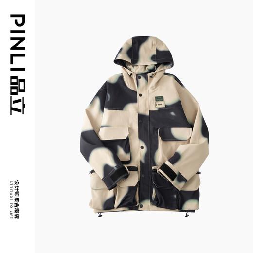 PINLI品立2025秋季新品工装印花多口袋夹克外套潮男连帽休闲茄克B252104052 商品图3