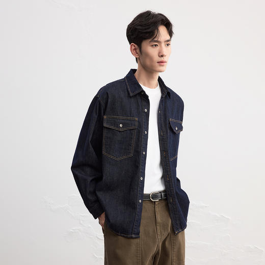 GXG男装25秋季经典水洗防掉色翻盖口袋简约翻领男式牛仔夹克外套K&C 商品图1
