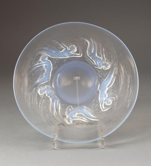 独角鹿西洋古董1921年法国顶级水晶工坊莱俪LALIQUE设计出品「ONDINES 水之精灵」主题浅蓝色欧泊水晶盘 商品图0