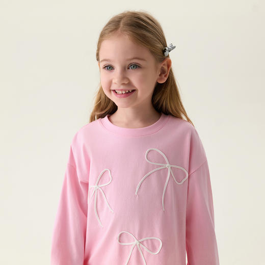 马克珍妮甜美蝴蝶结女童柔软小棉T恤2026年春装新款560125 商品图2
