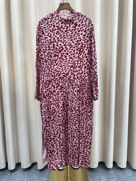 「断码清仓」粉紫半高领复古港风气质长袖豹纹裙 L码 ZFYY183