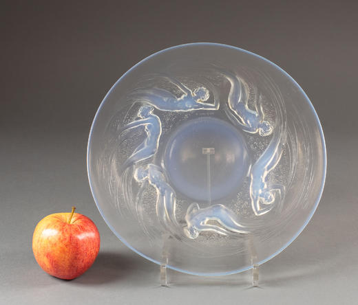 独角鹿西洋古董1921年法国顶级水晶工坊莱俪LALIQUE设计出品「ONDINES 水之精灵」主题浅蓝色欧泊水晶盘 商品图1