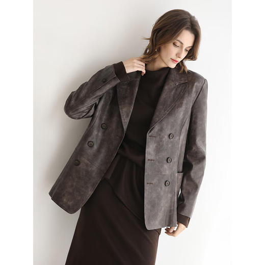 COCOBELLA复古双排扣PU西装手工擦色时尚环保皮衣夹克外套PU3099 商品图2