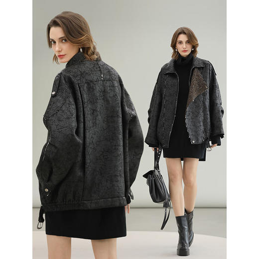 COCOBELLA高级休闲风爆裂纹PU皮衣外套冬保暖机车夹克PU3006 商品图2