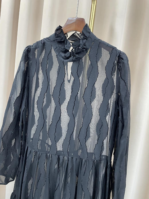 「断码清仓」波浪纹蕾丝立领长袖真丝大摆长裙 L码 ZFYY184 商品图1