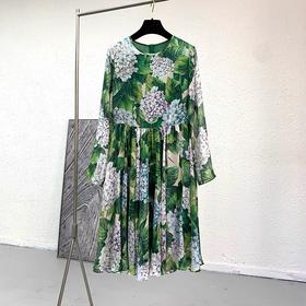 「断码清仓」植物花卉艺术感收腰长袖真丝仙女裙 L码 ZFYY187