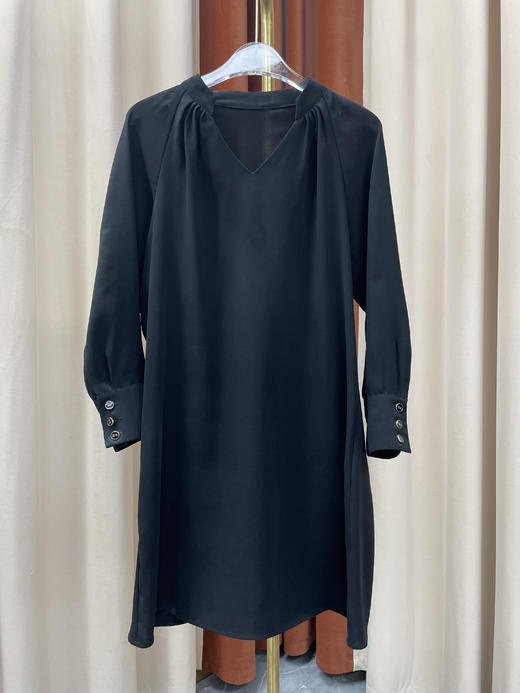 「断码清仓」黑色V领长袖系扣垂坠感百搭雪纺连衣裙 L码 ZFYY204 商品图0