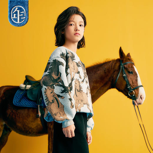 徐悲鸿联名年衣童装儿童加绒卫衣冬款男女童亲子装鸿图群奔加绒卫衣 商品图3