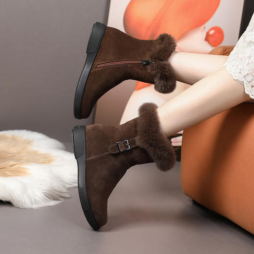丁摩 秋冬磨砂皮休闲马丁靴女圆头厚底厚毛侧拉链机车女雪地靴5ZF-73550 商品图1