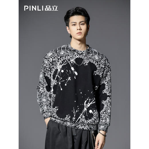 PINLI品立2025秋季新款男士宽松圆领印花加绒加厚套头卫衣上衣潮B253109096 商品图3