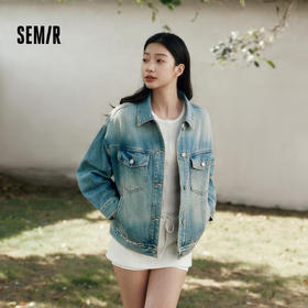 森柔|森马牛仔外套女春季翻领做旧宽松落肩衣服美式街头甜酷夹克