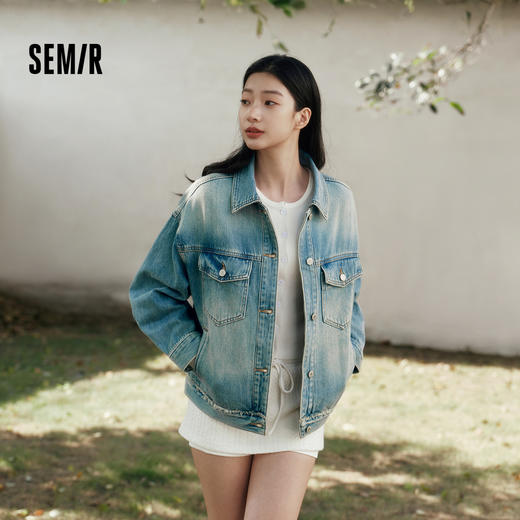 森柔|森马牛仔外套女春季翻领做旧宽松落肩衣服美式街头甜酷夹克 商品图0