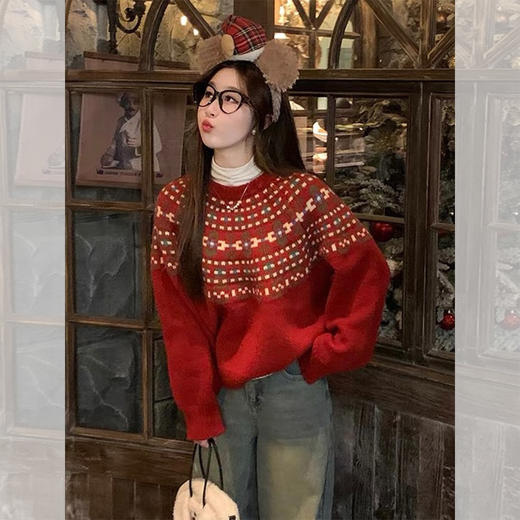 西遇绵羊毛费尔岛毛衫女2025冬季新款慵懒风宽松软糯红色毛衣SS060020 商品图4