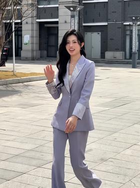 法小曼*子珍/紫色新中式套装时尚播音主持人西装缎领国风年会职业装高级FYCP035