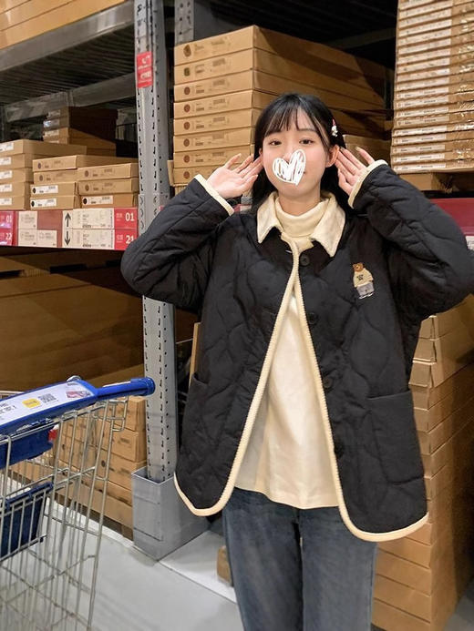 【可爱刺绣图案❗️温暖不压身】韩系小熊刺绣菱格棉服外套女2025冬季宽松时尚撞色拼接翻领棉衣女。jb 商品图1