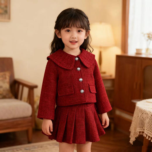 Hania2026年新年 女童套装秋冬季新款儿童生日红色宝宝夹棉毛呢两件套新年服90-140★ 商品图0