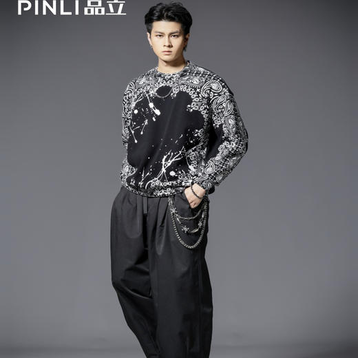 PINLI品立2025秋季新款男士宽松圆领印花加绒加厚套头卫衣上衣潮B253109096 商品图1