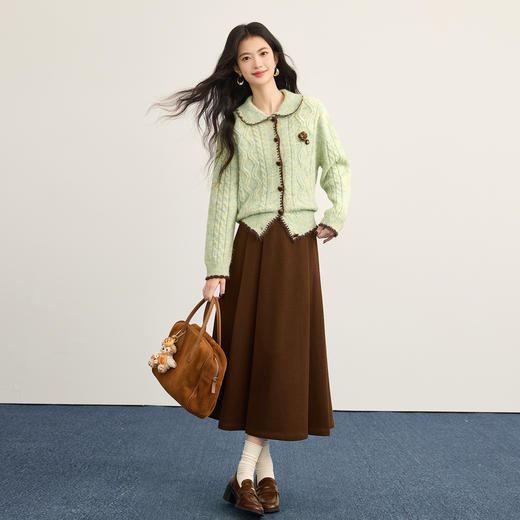 【12/17新品】熙世界绿色娃娃领麻花毛衣开衫女秋冬氛围感立体钩花厚款针织外套 商品图4