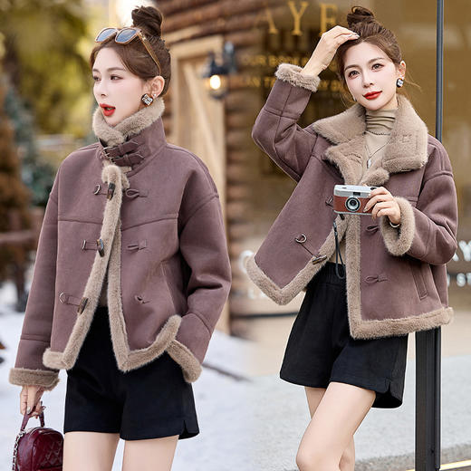 丁摩皮毛一体羊羔毛厚外套女冬2025新款小个子短款仿鹿皮绒机车服上衣ALW9937 0 商品图1