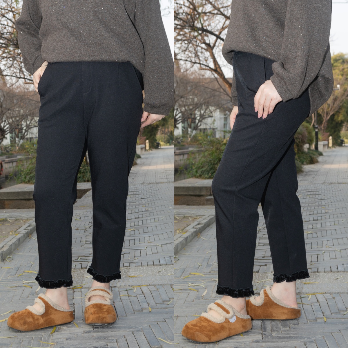 一周发货【加绒加厚 花边裤】冬季想要显瘦的加绒裤子，就是这款！专门做的放量修身版，后腰松紧，加大定制版，上身显瘦包容身材，裤脚立体花边设计，大码姐妹也能穿的修身款，模特身高168参考