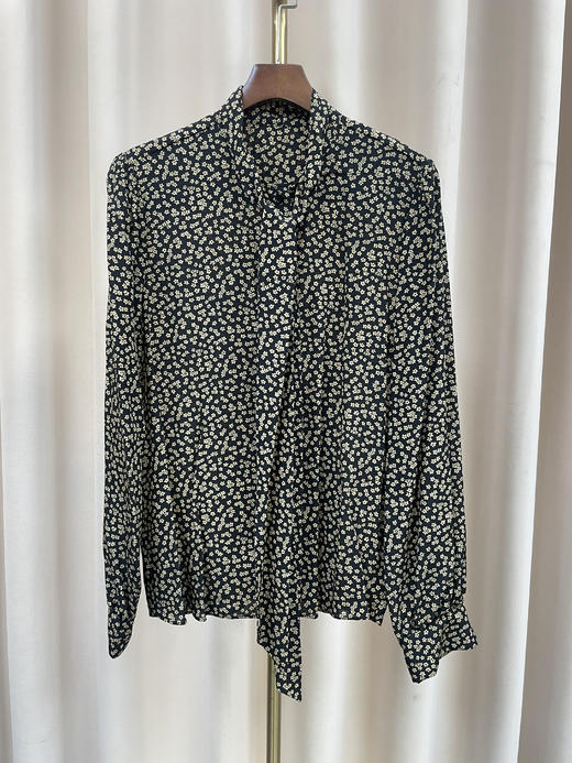 「断码清仓」碎花飘带领长袖系带设计感真丝上衣 L码 ZFYY189 商品图1