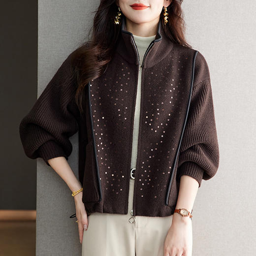 丁摩立领针织毛呢外套女短款秋冬装亮片设计外搭拉链开衫 ALW12-2186 商品图2