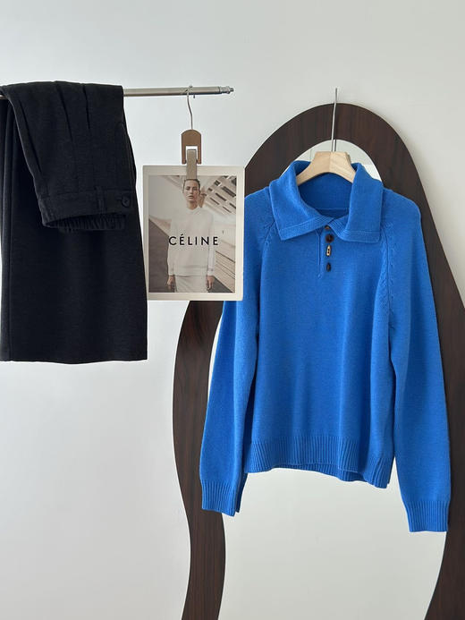 显白克莱因蓝牛角扣翻领小众羊毛针织毛衣 商品图12