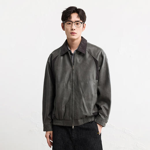 GXG男装25秋季时尚撞色领口简约百搭日常通勤男式翻领PU夹克K&C 商品图2