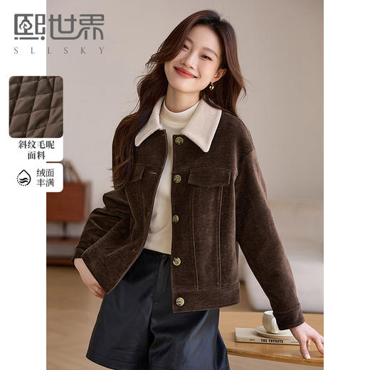 【年货节】熙世界美拉德咖色工装风毛呢外套女秋冬复古休闲短款呢子夹克上衣 商品图0