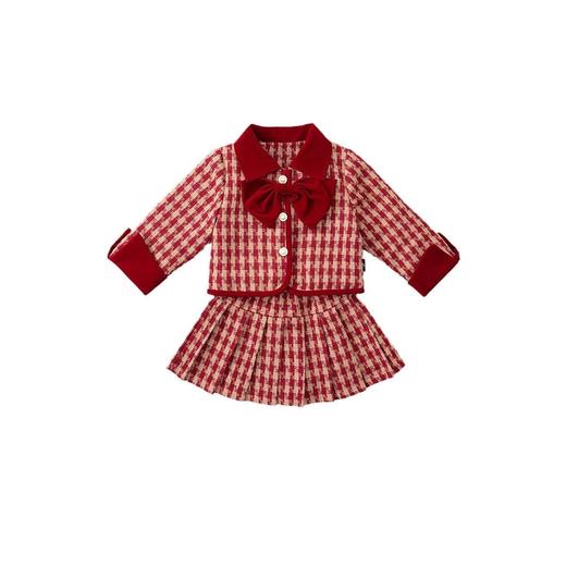 Hania2026年新年 女童夹棉加厚小香风套装冬季中小童红色千鸟格拜年服两件套90-140★ 商品图5