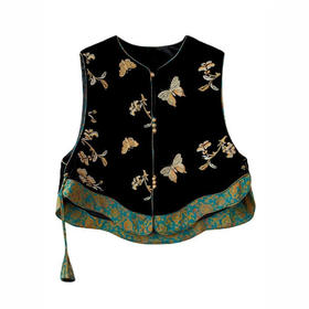 丁摩 新中式国风高端丝绒马甲女装秋季黑色宋锦拼接时尚上衣5ZF-8364