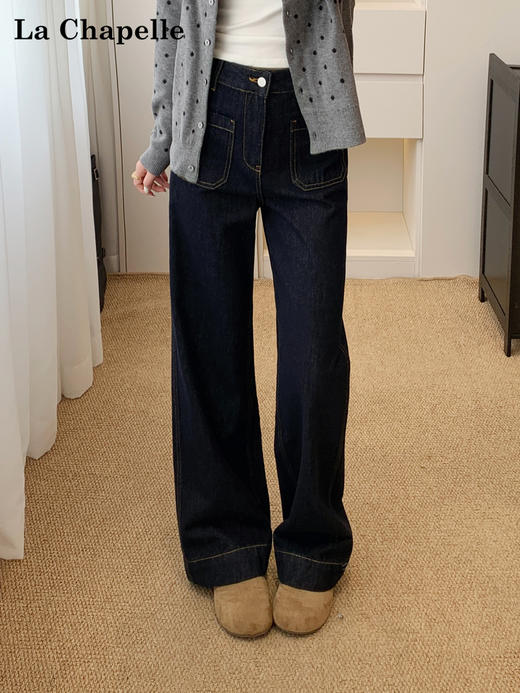 <新春福利>【拉夏贝尔/La Chapelle高腰明线阔腿牛仔裤】舒适主义~垂坠/挺括】宽松设计感百搭显瘦直筒长裤 商品图3