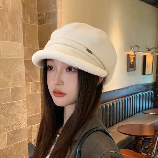 丁摩秋冬季户外保暖八角帽时尚百搭显脸小贝雷帽高级感毛绒小檐画家帽 ALWXBG-8979 商品图2